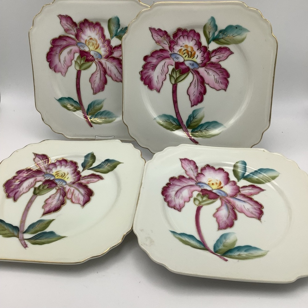 Four Vintage Napco Handpainted Square Plates with Exotic Floral Design
